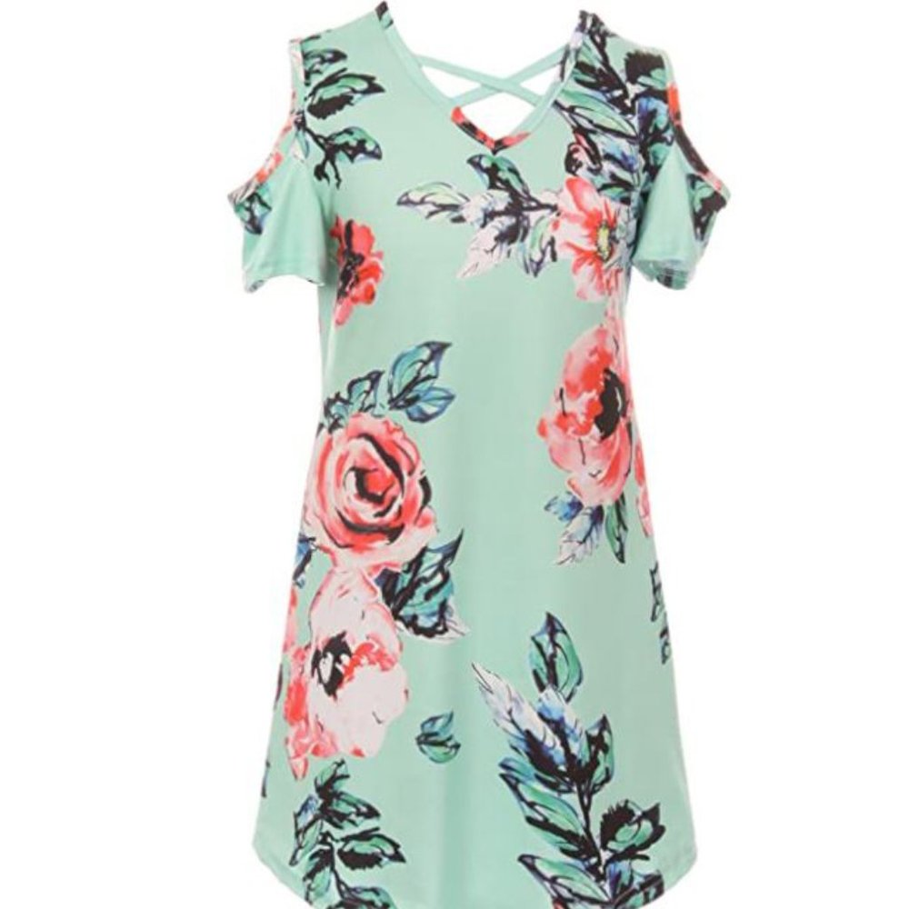 Little Girls Lovely Cold Shoulder Cross Floral Birthday Party Flower Girl Dress